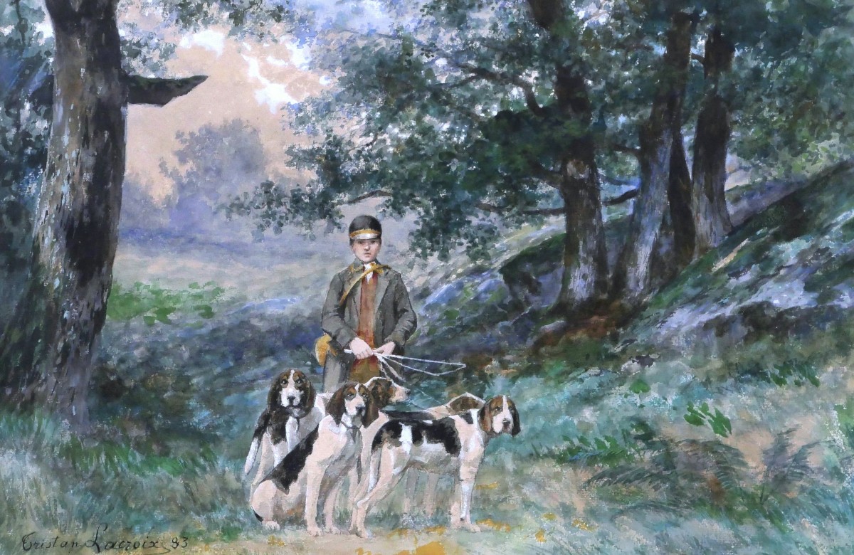 Tristan Lacroix, A Young Hunter On A Hunt With His Dogs, Hunting Watercolor