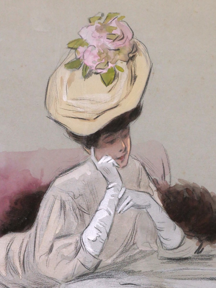Attributed To Drian, Elegant Lady With Hat Leaning Against A Table, Watercolor Drawing Of Woman-photo-2
