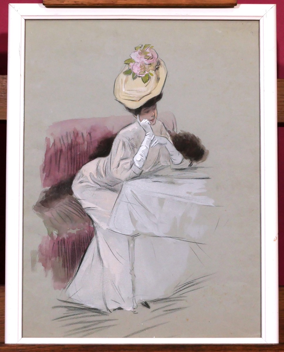 Attributed To Drian, Elegant Lady With Hat Leaning Against A Table, Watercolor Drawing Of Woman-photo-3