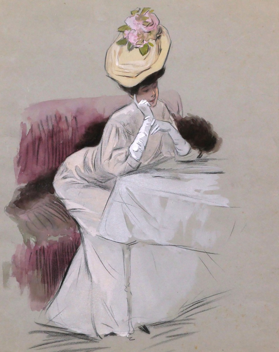 Attributed To Drian, Elegant Lady With Hat Leaning Against A Table, Watercolor Drawing Of Woman