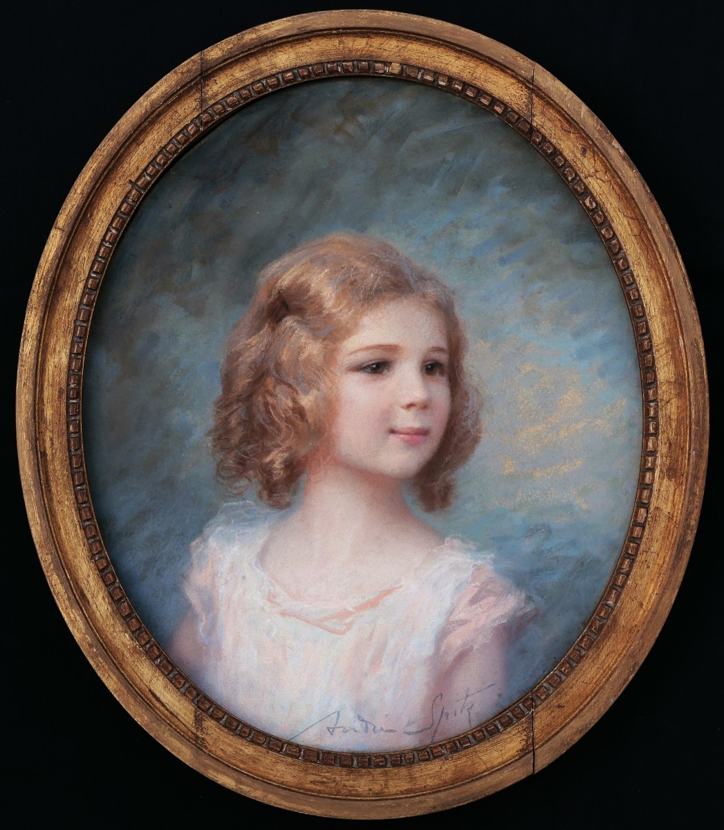 André Spitz, Portrait Of A Little Girl With Blond Hair, Pastel Drawing Of A Child-photo-2