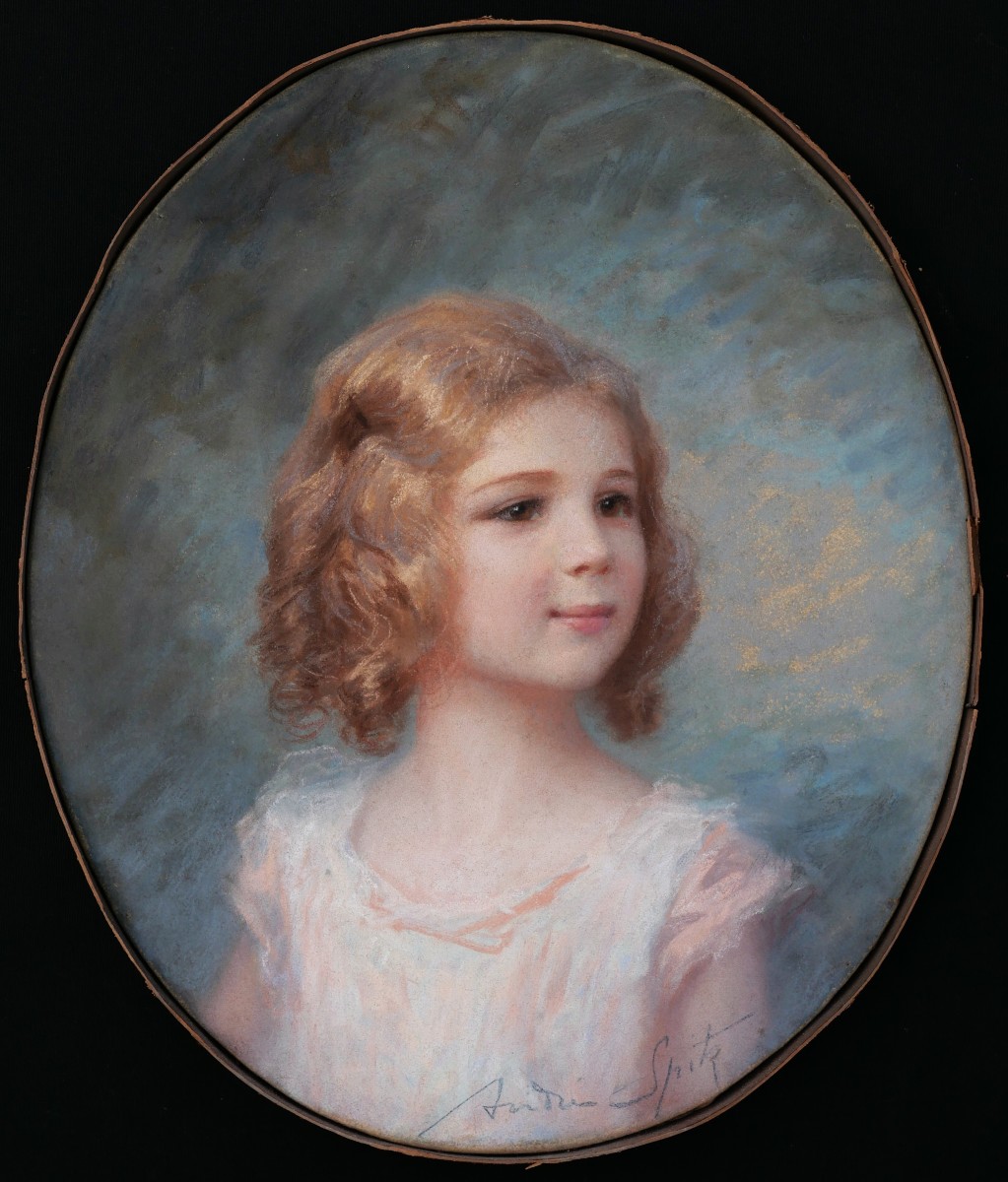 André Spitz, Portrait Of A Little Girl With Blond Hair, Pastel Drawing Of A Child-photo-1