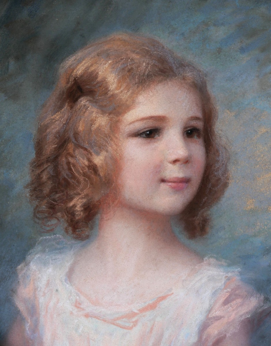 André Spitz, Portrait Of A Little Girl With Blond Hair, Pastel Drawing Of A Child