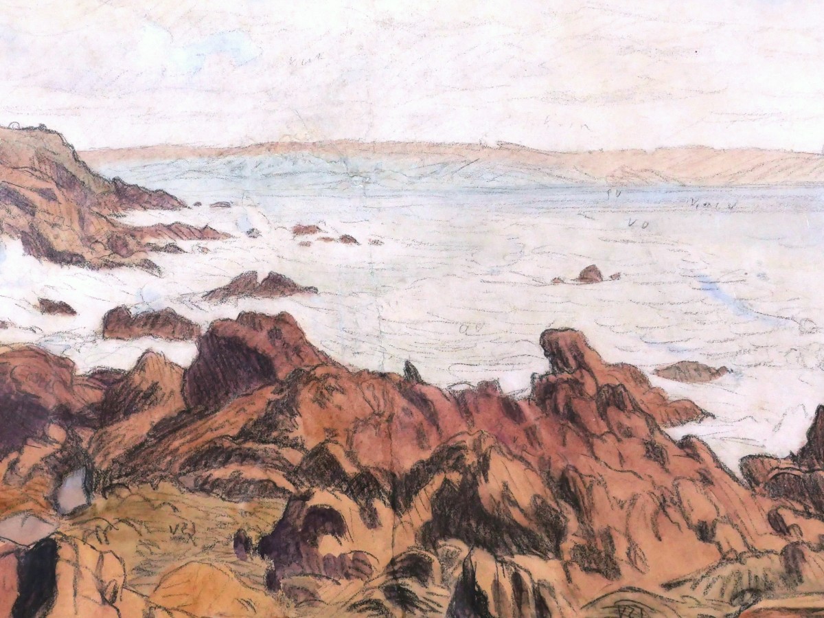 Charles Victor GUILLOUX, Côte rocheuse en Bretagne, dessin à l'aquarelle-photo-2