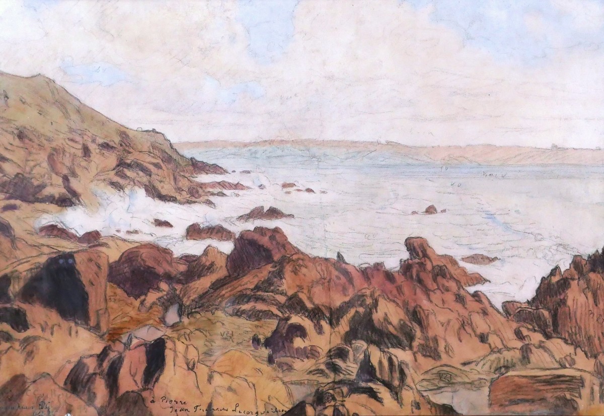 Charles Victor GUILLOUX, Côte rocheuse en Bretagne, dessin à l'aquarelle