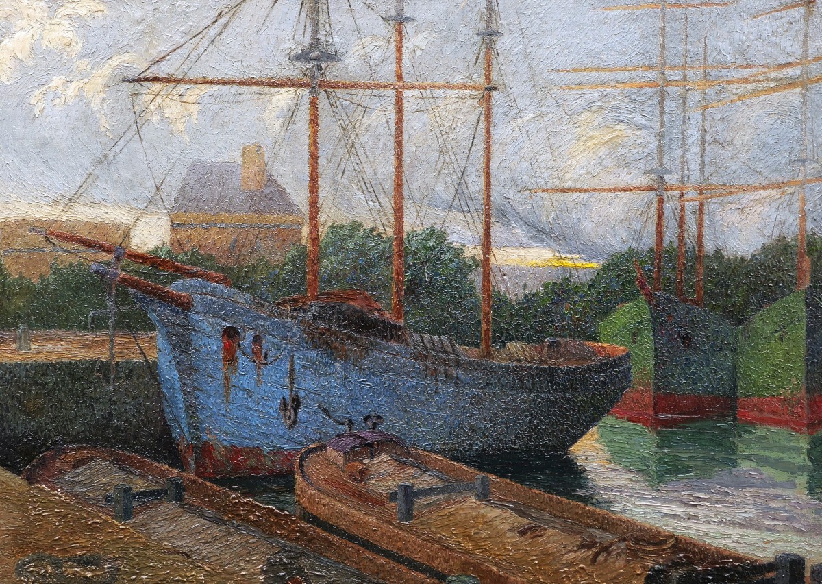 French, Belgian Or Dutch Pointillist School, Circa 1900-1920, Boats And Barges At Quay-photo-2