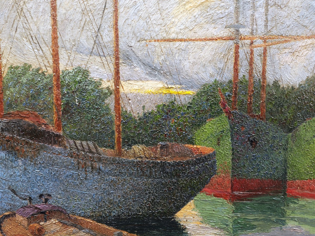 French, Belgian Or Dutch Pointillist School, Circa 1900-1920, Boats And Barges At Quay-photo-3