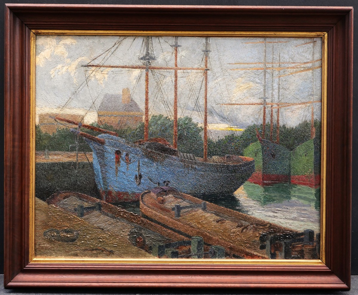 French, Belgian Or Dutch Pointillist School, Circa 1900-1920, Boats And Barges At Quay-photo-4