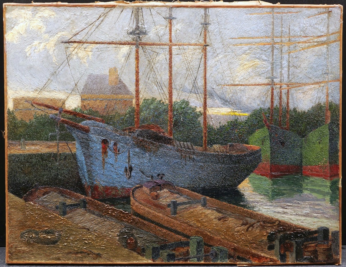 French, Belgian Or Dutch Pointillist School, Circa 1900-1920, Boats And Barges At Quay-photo-1