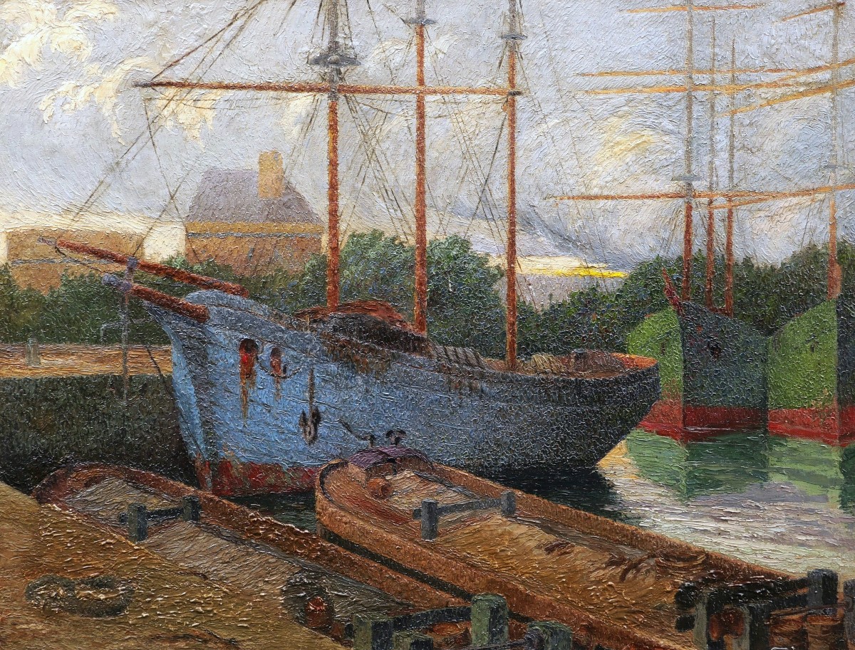 French, Belgian Or Dutch Pointillist School, Circa 1900-1920, Boats And Barges At Quay