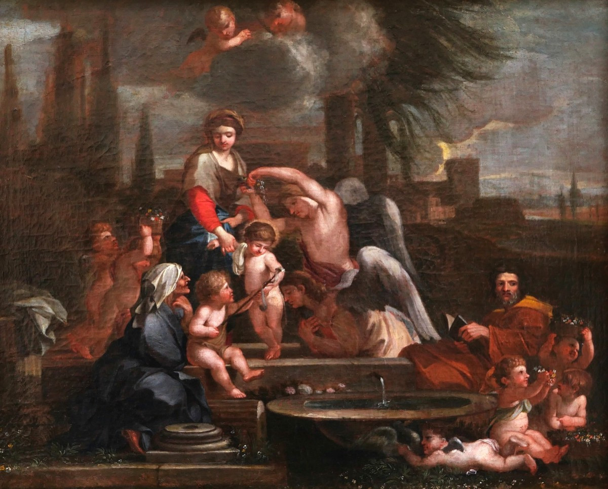 17th Century French School, After Sébastien Bourdon, The Holy Family With A Basin