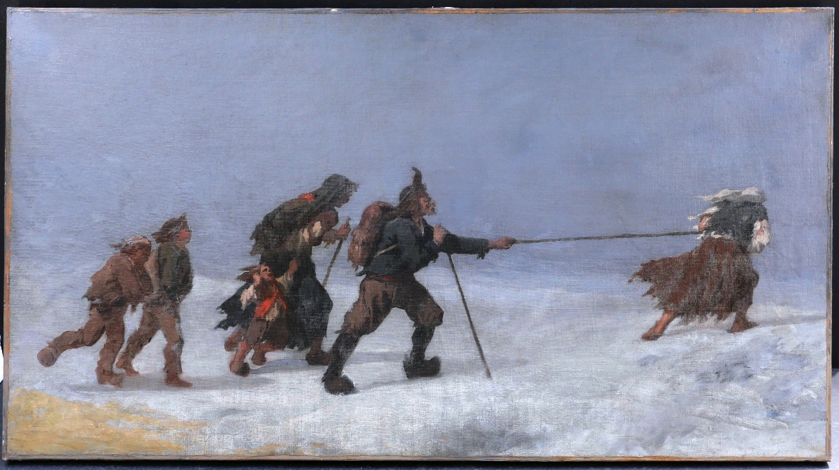 École FRANÇAISE XIXème siècle, Paysans dans la tempête (scène de chouannerie?), tableau-photo-4
