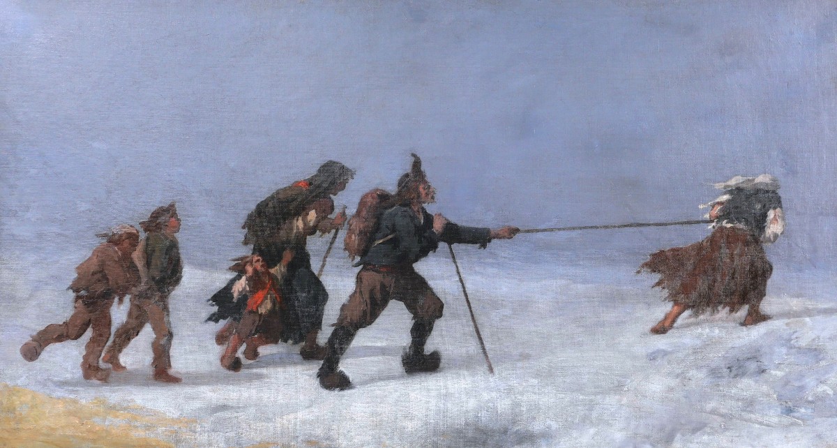 École FRANÇAISE XIXème siècle, Paysans dans la tempête (scène de chouannerie?), tableau