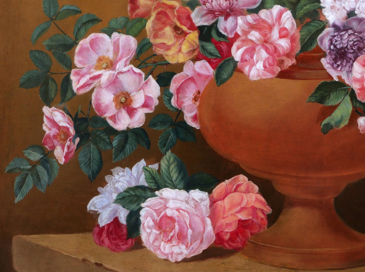 École FRANÇAISE du XIXème siècle, Bouquet de fleurs dans un vase, tableau de nature morte-photo-3