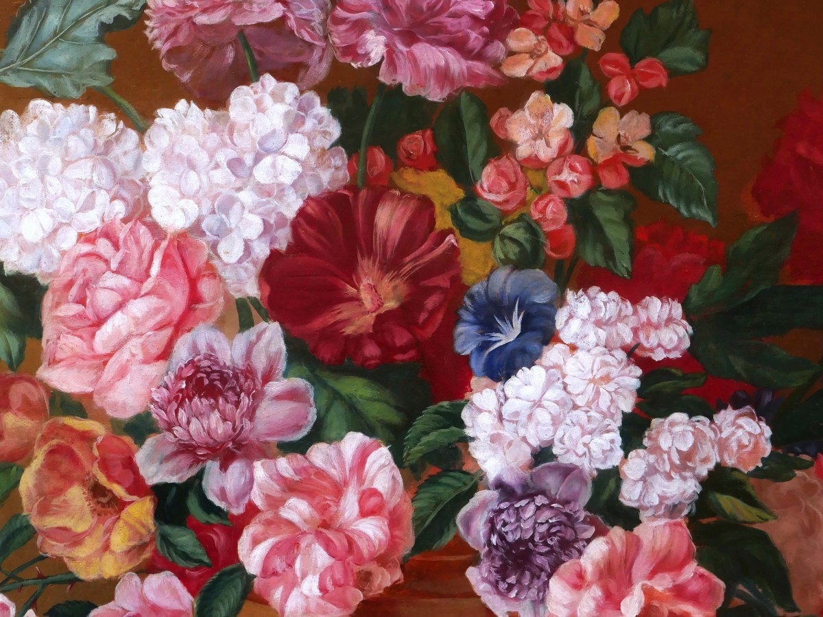 École FRANÇAISE du XIXème siècle, Bouquet de fleurs dans un vase, tableau de nature morte-photo-4