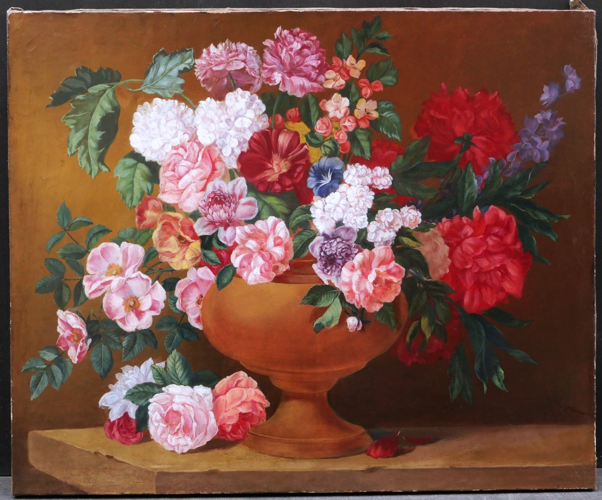 École FRANÇAISE du XIXème siècle, Bouquet de fleurs dans un vase, tableau de nature morte-photo-1