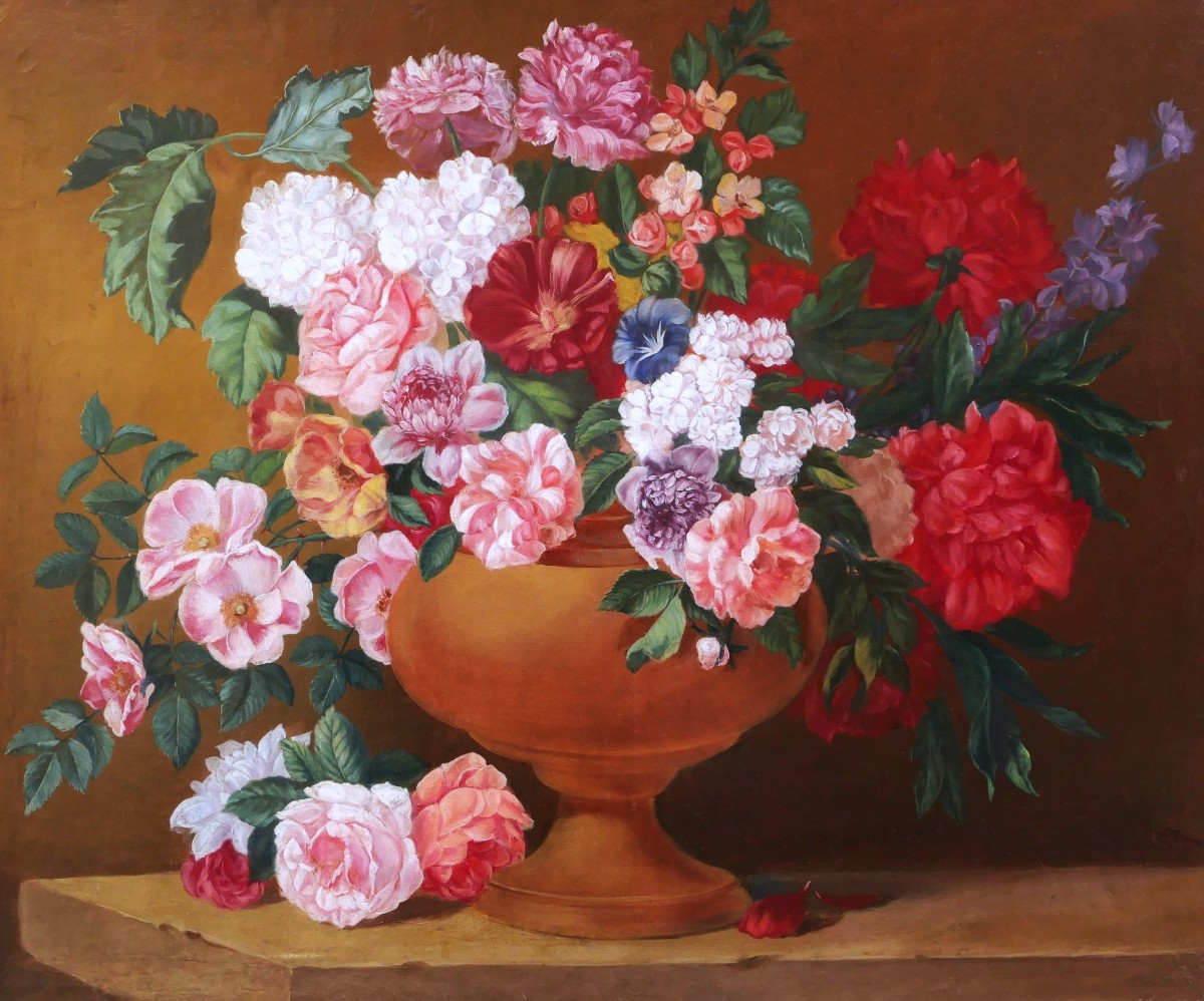 École FRANÇAISE du XIXème siècle, Bouquet de fleurs dans un vase, tableau de nature morte