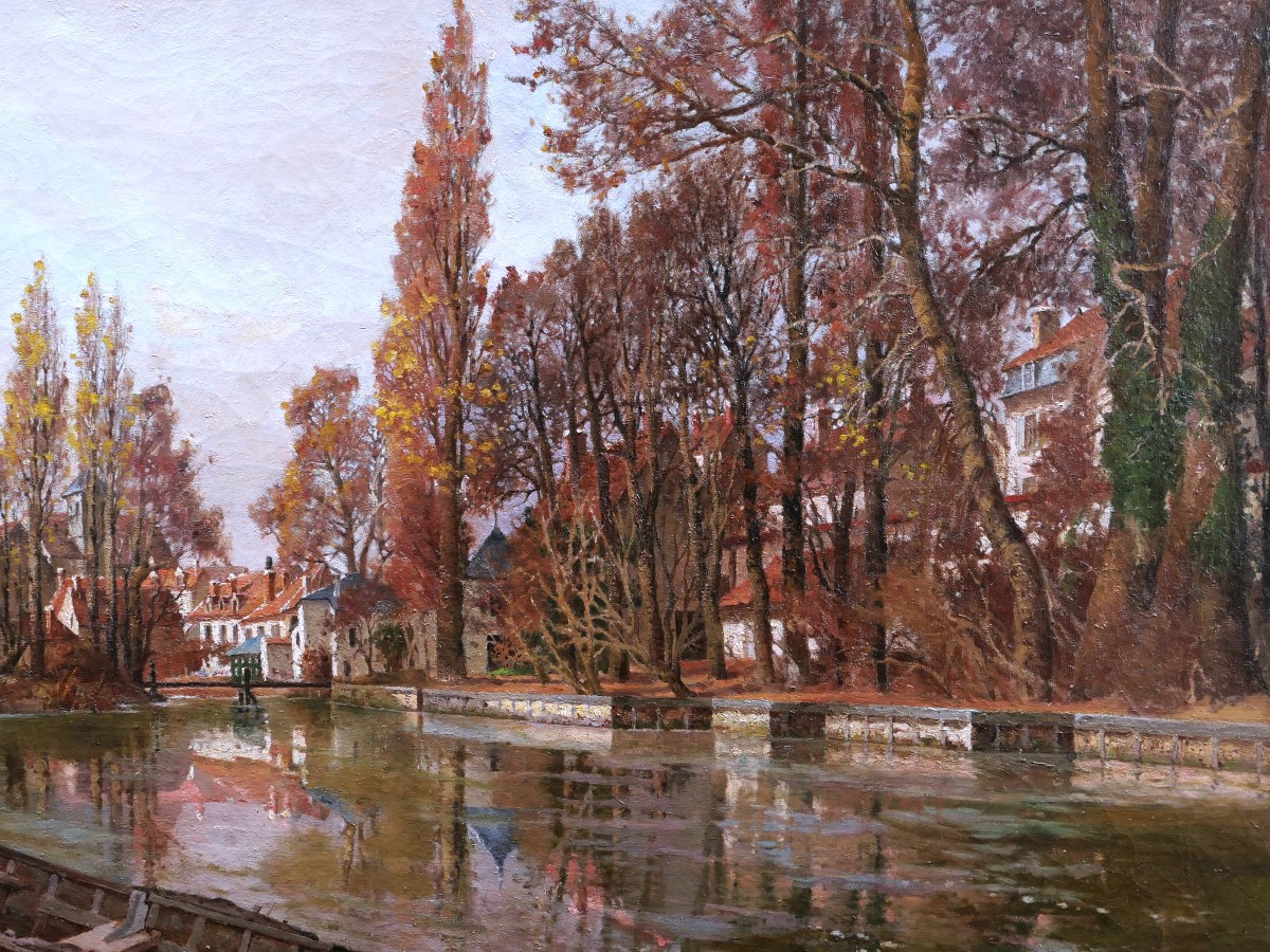 Guillaume-roger, River Banks With A Boat, Probably On The Loiret, Large Format Painting-photo-2
