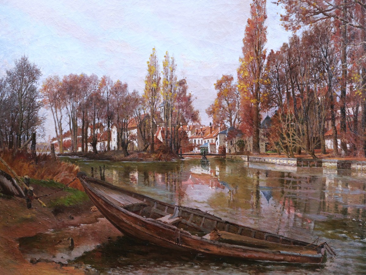 Guillaume-roger, River Banks With A Boat, Probably On The Loiret, Large Format Painting-photo-3