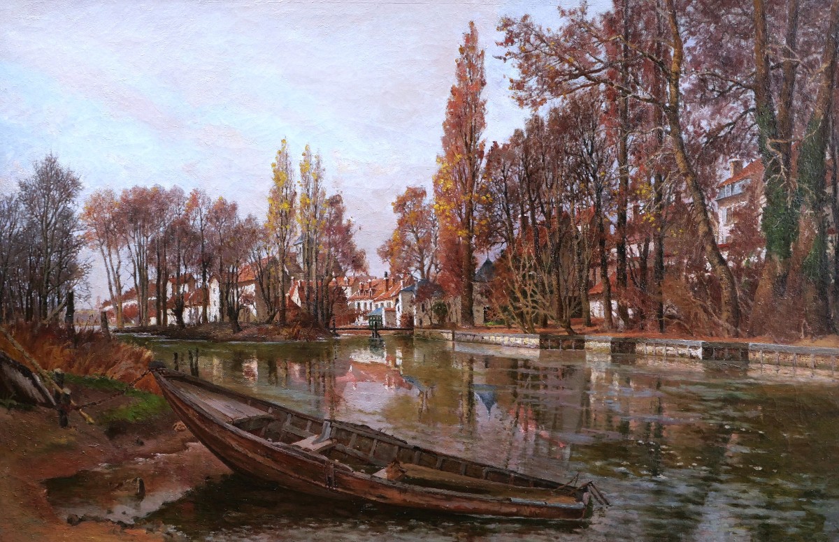 Guillaume-roger, River Banks With A Boat, Probably On The Loiret, Large Format Painting
