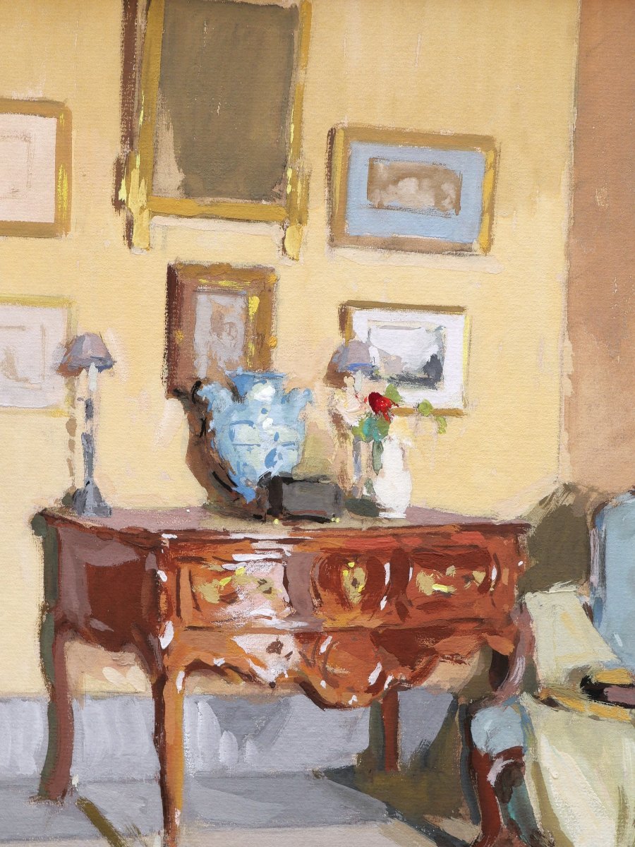 Paul Jean HUGUES, Intérieur au bureau et au fauteuil Louis XV, dessin à la gouache-photo-2