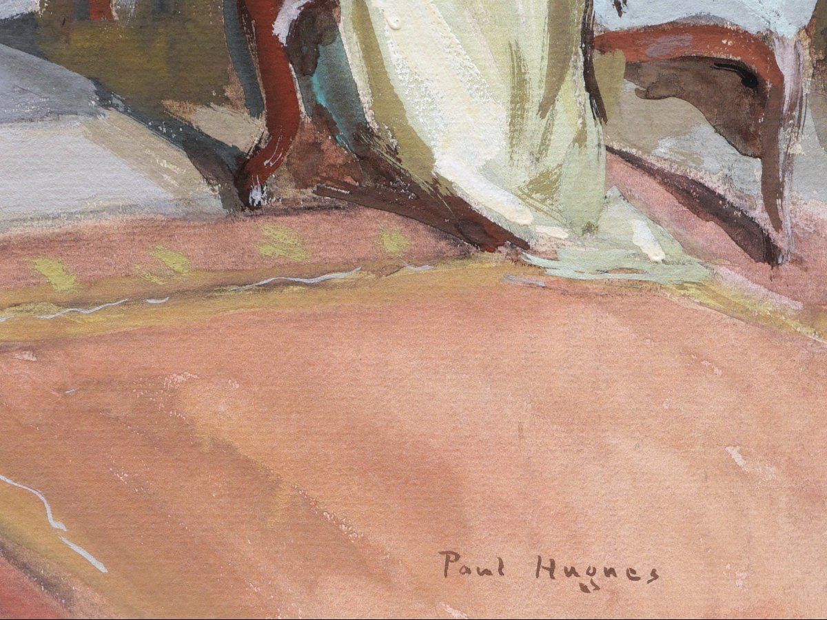 Paul Jean HUGUES, Intérieur au bureau et au fauteuil Louis XV, dessin à la gouache-photo-3