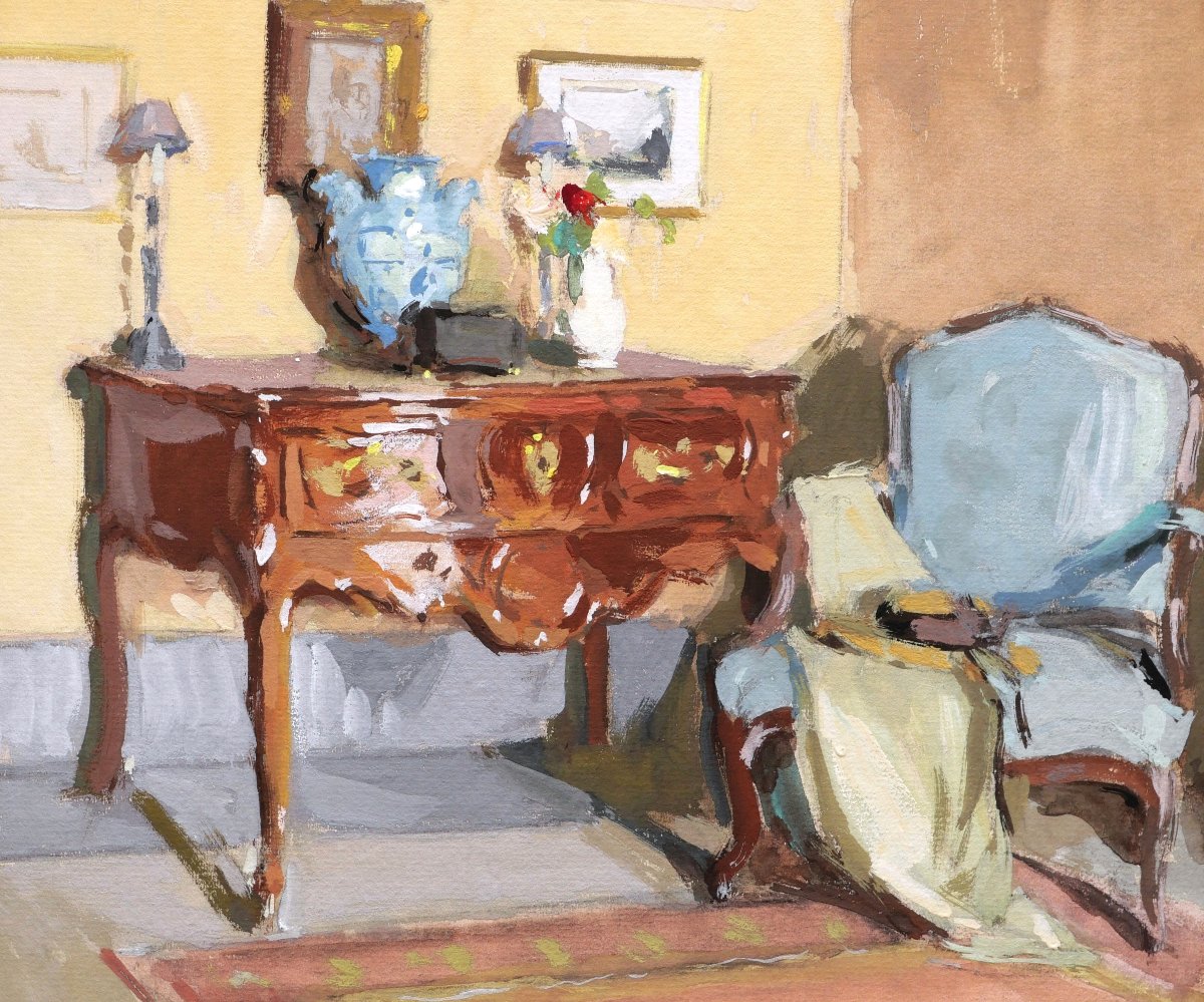 Paul Jean HUGUES, Intérieur au bureau et au fauteuil Louis XV, dessin à la gouache-photo-4