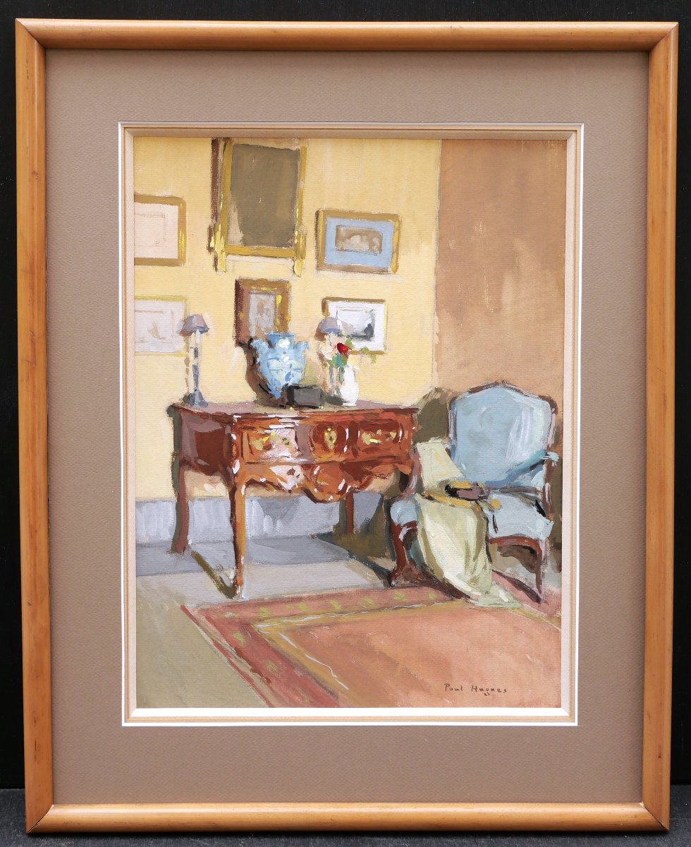Paul Jean HUGUES, Intérieur au bureau et au fauteuil Louis XV, dessin à la gouache-photo-1