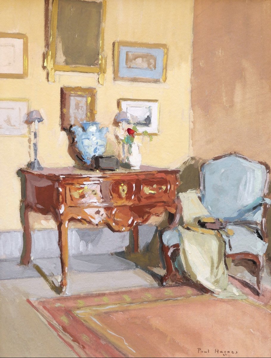 Paul Jean HUGUES, Intérieur au bureau et au fauteuil Louis XV, dessin à la gouache