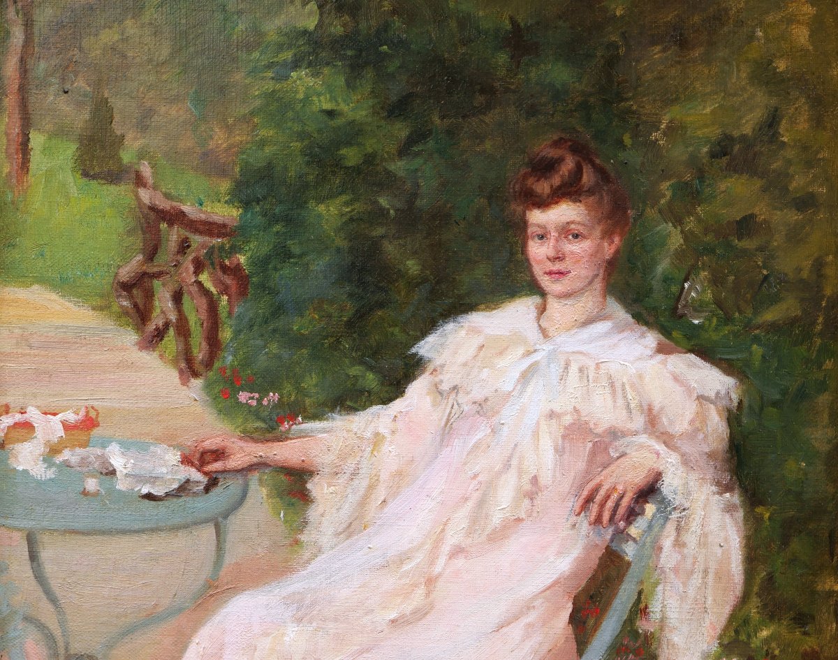 Mathilde Céline Maujan Van Donghen, Portrait Of Young Woman Seated In Garden, Painting-photo-3