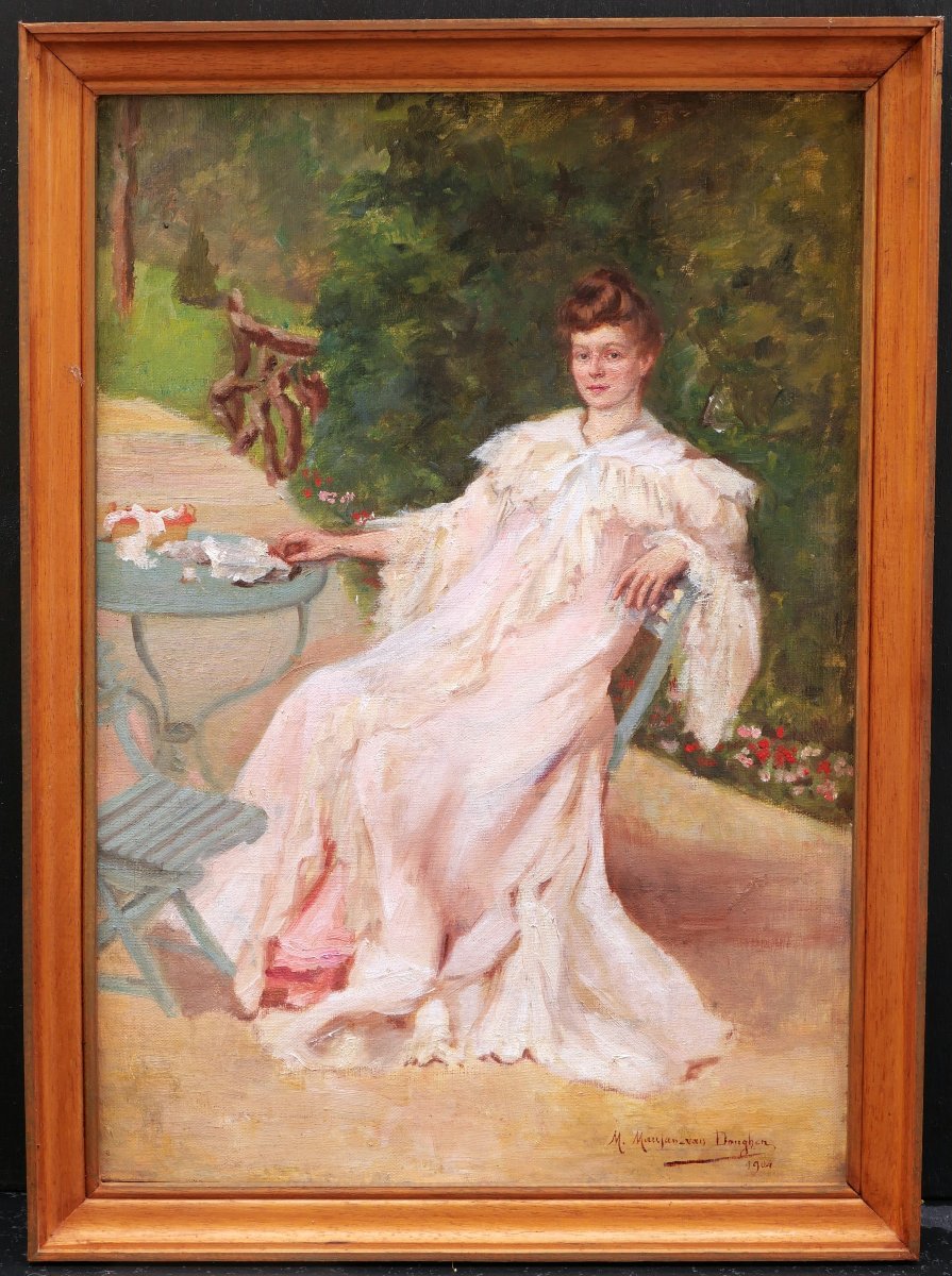 Mathilde Céline Maujan Van Donghen, Portrait Of Young Woman Seated In Garden, Painting-photo-1
