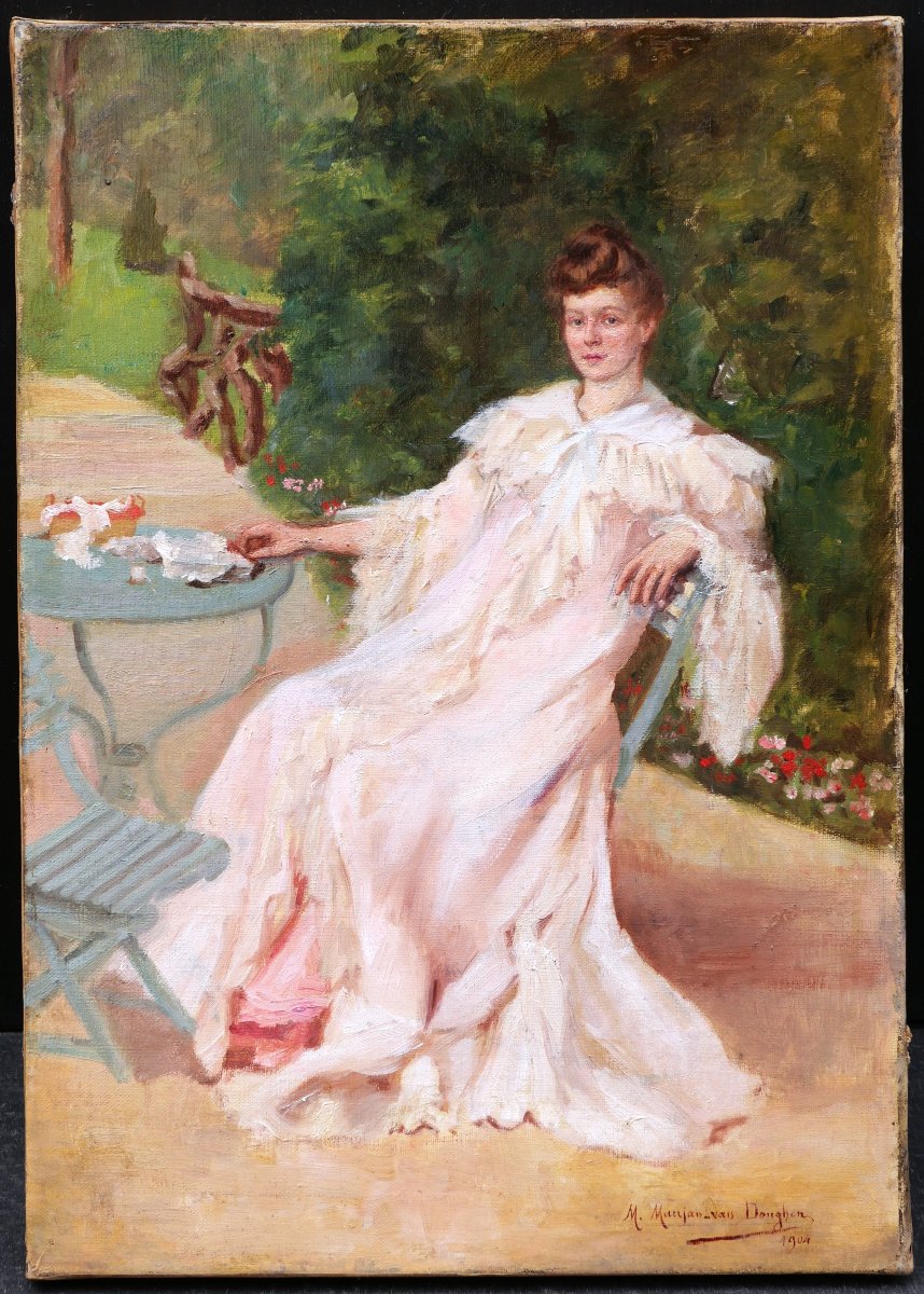 Mathilde Céline Maujan Van Donghen, Portrait Of Young Woman Seated In Garden, Painting-photo-2