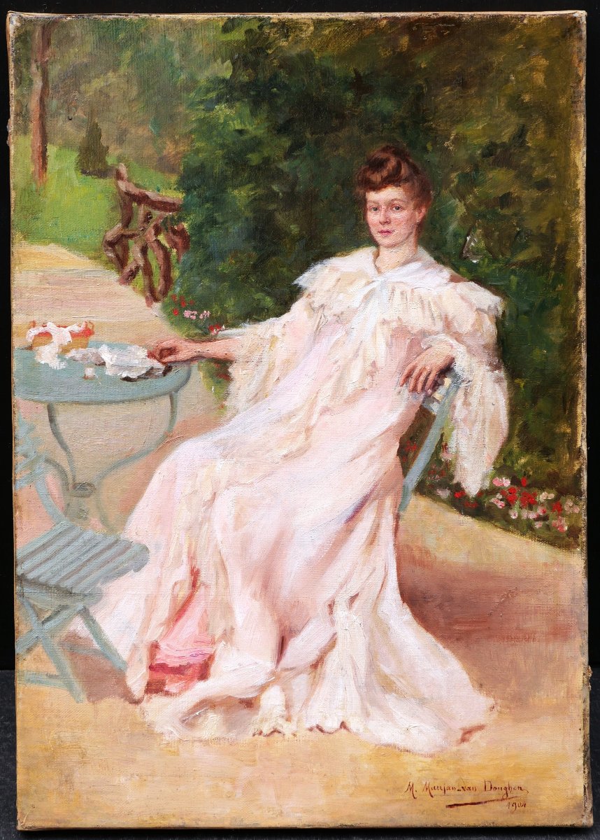 Mathilde Céline Maujan Van Donghen, Portrait Of Young Woman Seated In Garden, Painting-photo-2