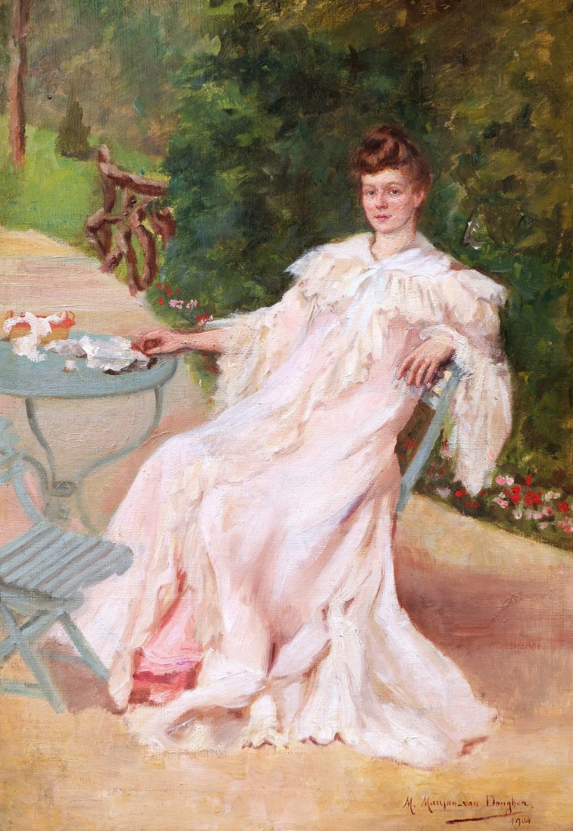 Mathilde Céline Maujan Van Donghen, Portrait Of Young Woman Seated In Garden, Painting