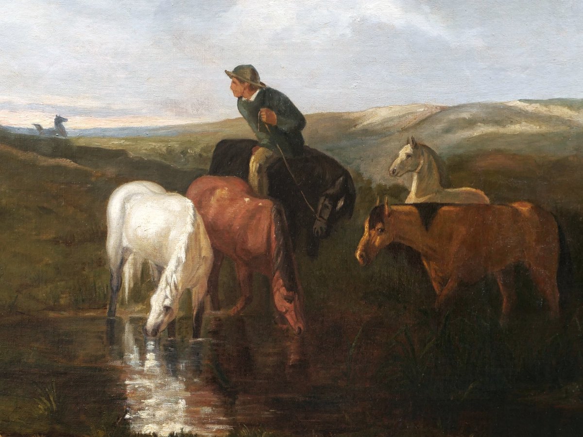Atelier d'évariste-vital Luminais, l'Abreuvoir, Painting Of Horses-photo-3