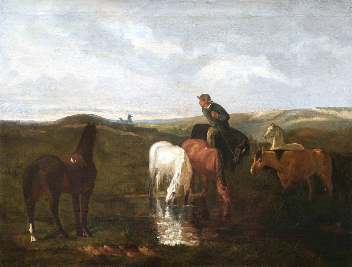 Atelier d'évariste-vital Luminais, l'Abreuvoir, Painting Of Horses