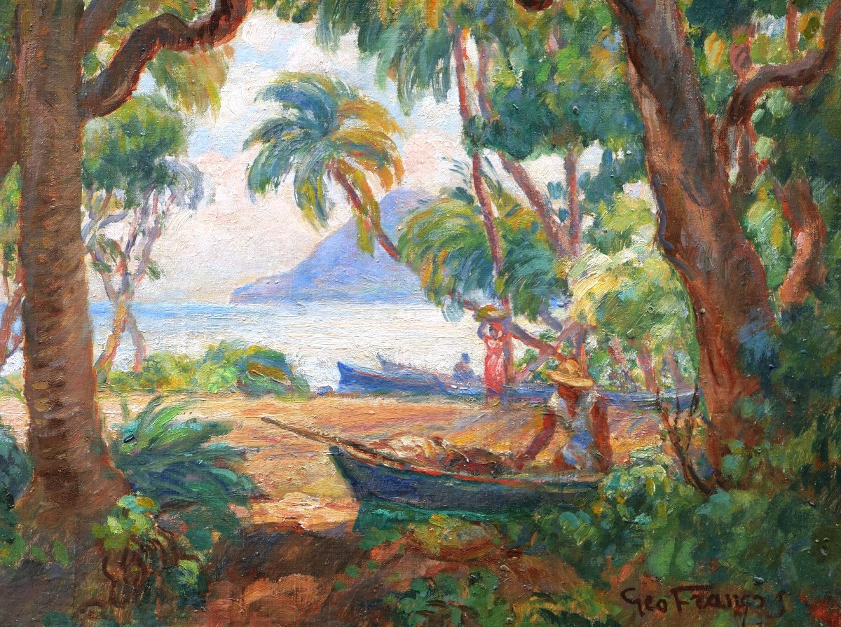 Géo François, Lively View Of The Plage Du Diamant In Martinique, West Indies Painting-photo-2
