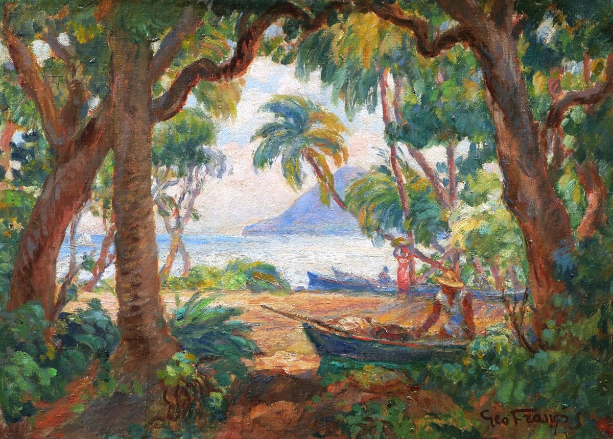 Géo François, Lively View Of The Plage Du Diamant In Martinique, West Indies Painting