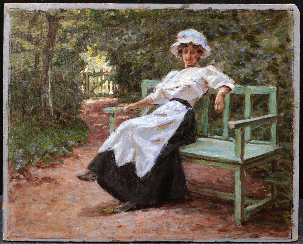 École FRANÇAISE circa 1900, Femme élégante assise sur un banc dans un parc, tableau-photo-4