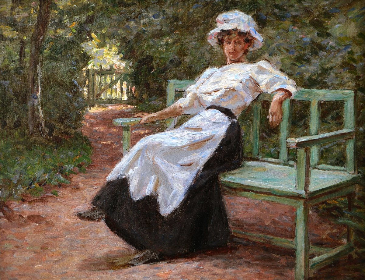 École FRANÇAISE circa 1900, Femme élégante assise sur un banc dans un parc, tableau