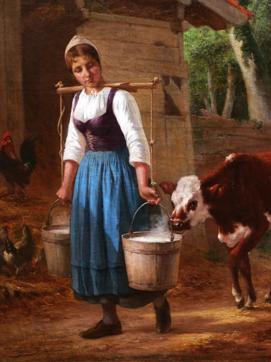 Charles Marie LHULLIER ou LHUILLIER, La Petite gardeuse de vaches, tableau GRAND FORMAT-photo-2