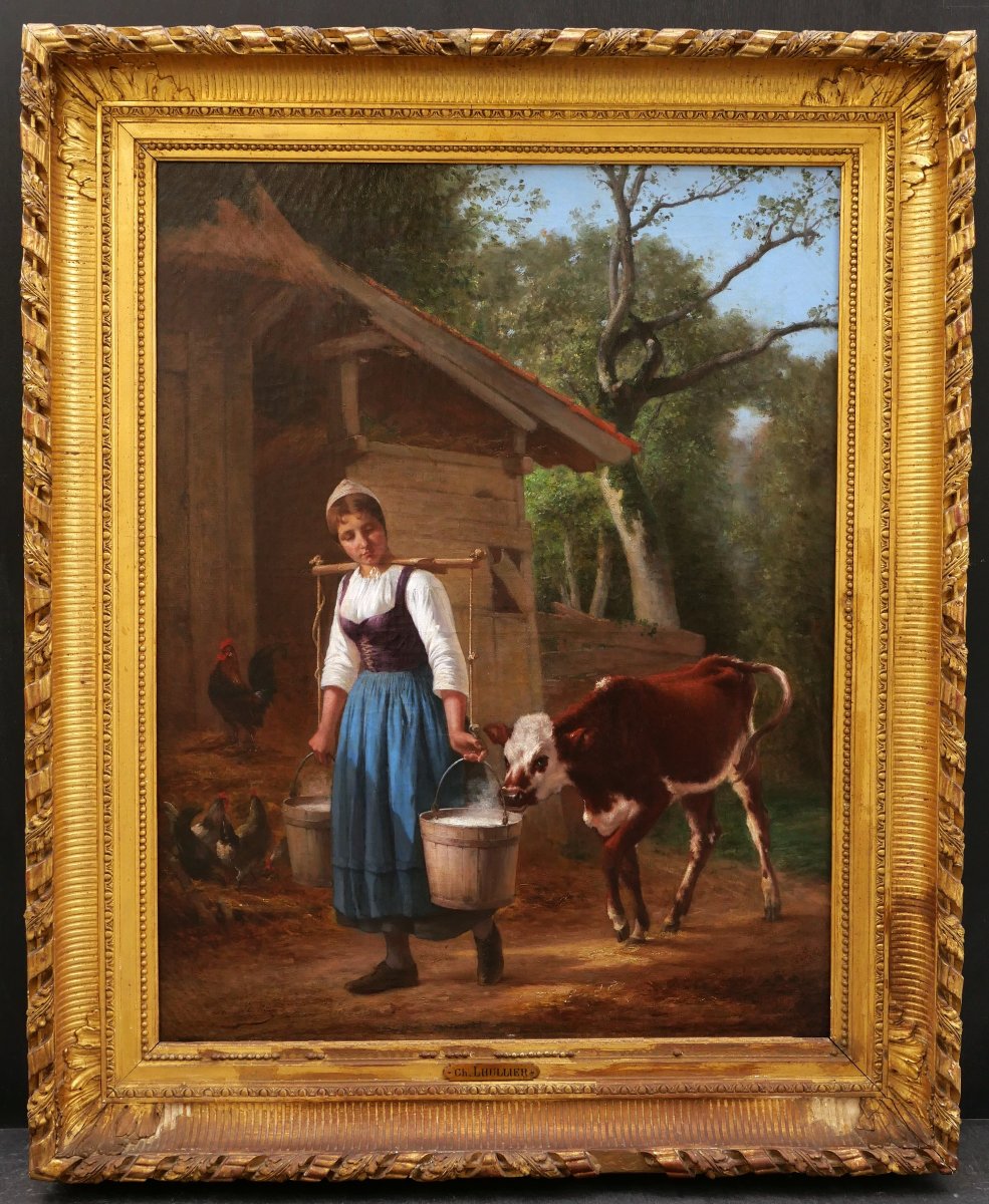Charles Marie LHULLIER ou LHUILLIER, La Petite gardeuse de vaches, tableau GRAND FORMAT-photo-4