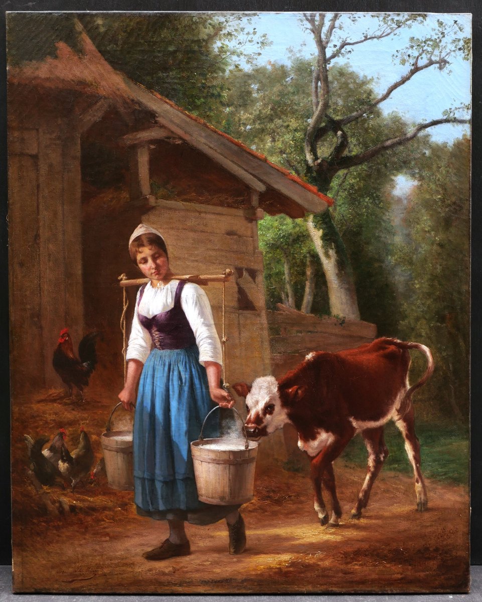 Charles Marie LHULLIER ou LHUILLIER, La Petite gardeuse de vaches, tableau GRAND FORMAT-photo-1