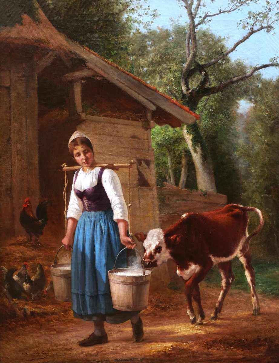 Charles Marie LHULLIER ou LHUILLIER, La Petite gardeuse de vaches, tableau GRAND FORMAT
