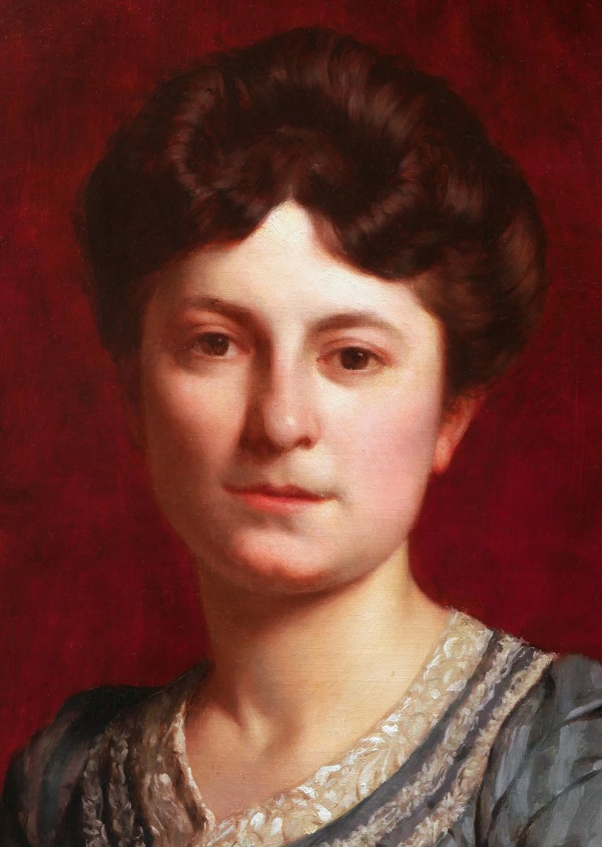 Alphonse Dargent, Portrait Of A Woman On A Red Background, Painting-photo-2