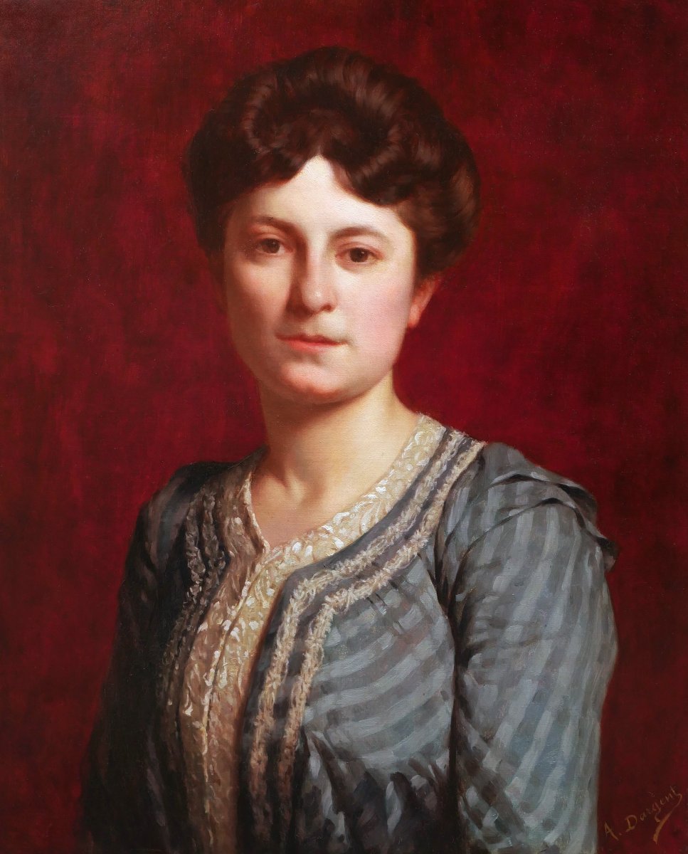Alphonse Dargent, Portrait Of A Woman On A Red Background, Painting