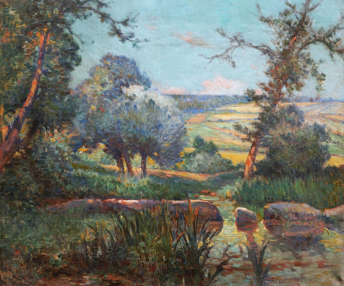 André VAUTIER, Paysage de Provence à l'étang, tableau