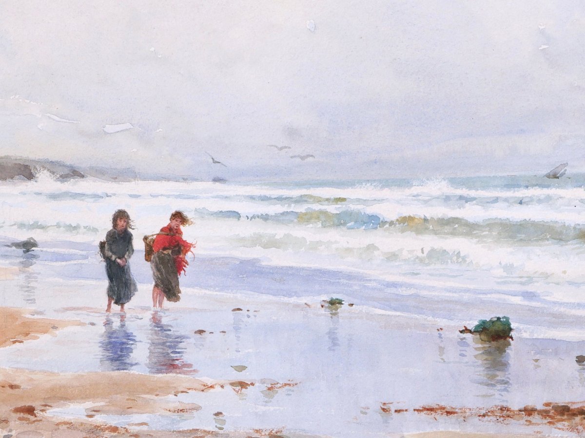 Paul Rossert, Two Young Fisherwomen On The Beach In Normandy, Watercolor-photo-2
