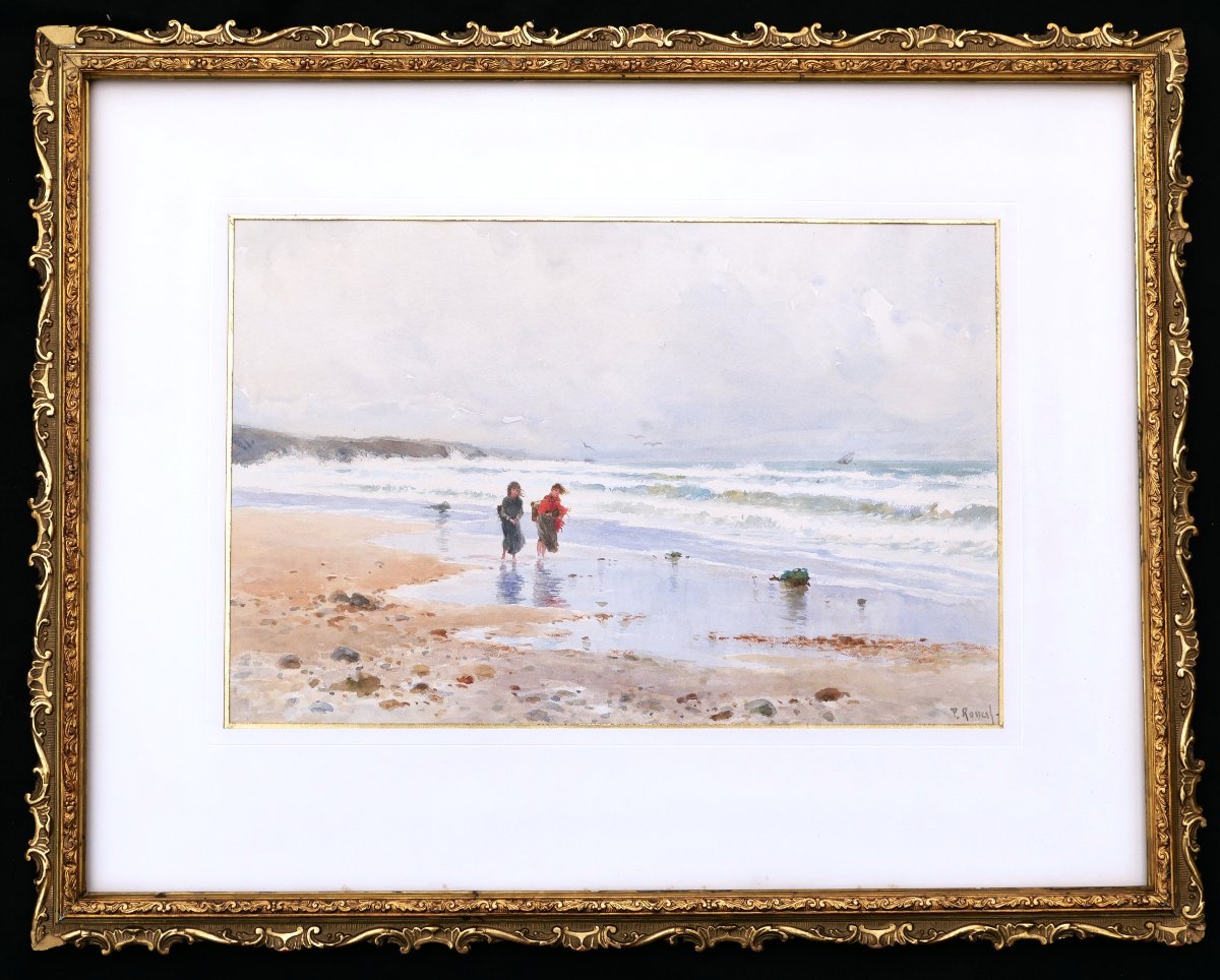 Paul Rossert, Two Young Fisherwomen On The Beach In Normandy, Watercolor-photo-4