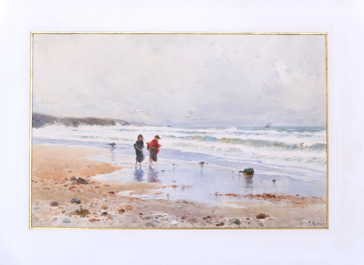 Paul Rossert, Two Young Fisherwomen On The Beach In Normandy, Watercolor-photo-1